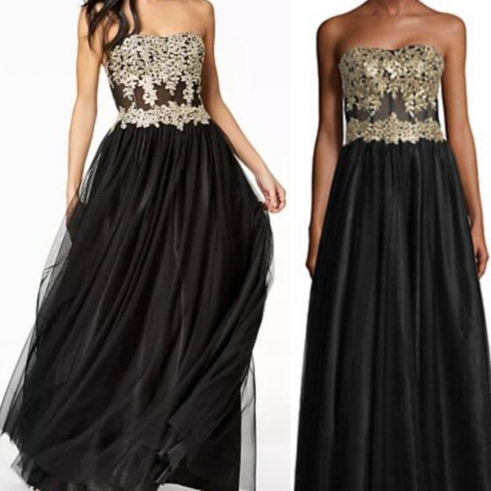 Sequin Hearts Black Tulle Ballgown Long Prom Formal Dress Gold Lace Sequins